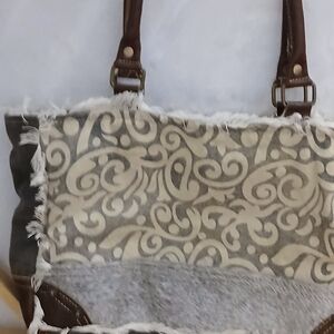 Myra Bag Tan and Gray Swirl Tote with Brown Straps
